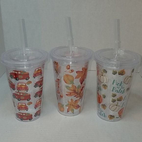 Fall Travel Tumbler Cold Cup Straw Autumn Cold Pumpkins Red Trucks Leaves16 OZ - Picture 5 of 6